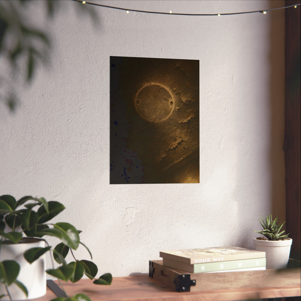 A pale ring and two screw holes on a peeling ceiling where a detector was. The Circle on the Ceiling by Garabaggio, fine art print hanging in a room.