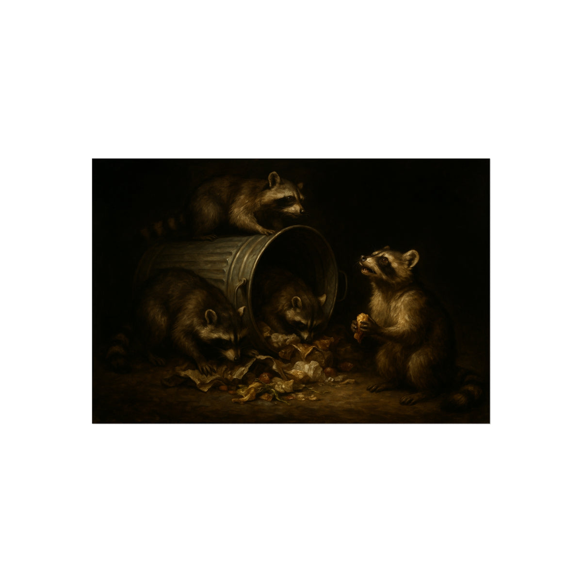 Four raccoons around a toppled metal trash can in the dark. The Last Bite by Garabaggio, fine art print hanging in a room.