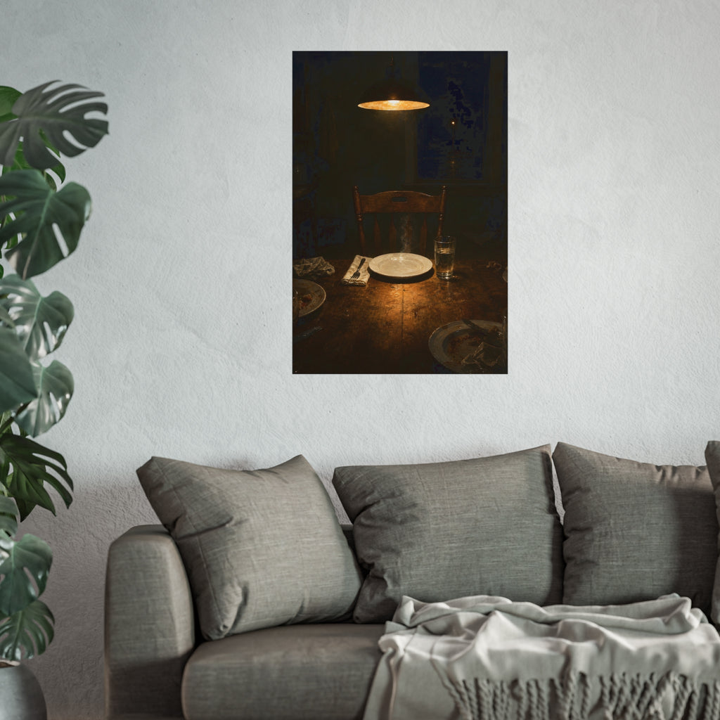 A clean plate and empty chair under a hanging lamp at a used dinner table. The Empty Seat at Dinner by Garabaggio, fine art print hanging in a room.