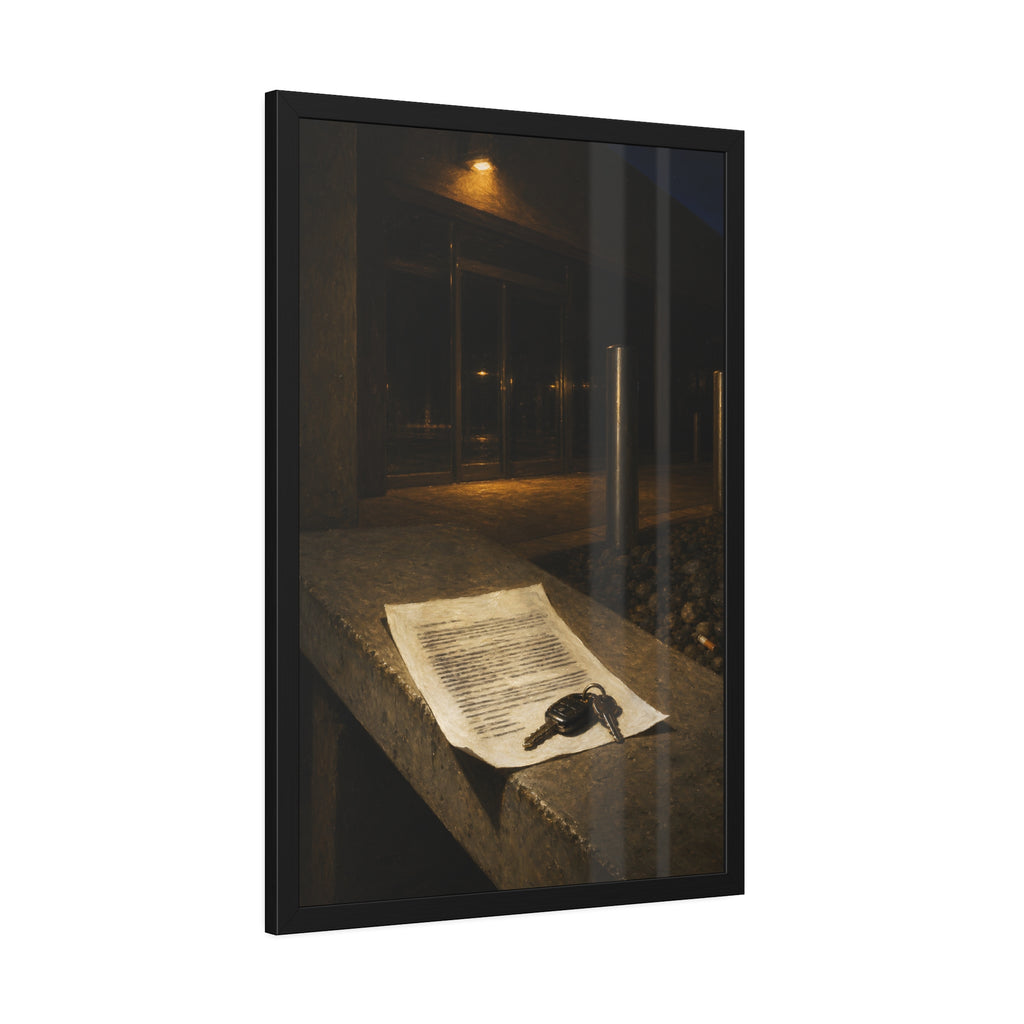 A printed page and car keys on a concrete ledge outside an office at night. The Last Email, Printed by Garabaggio, framed fine art print hanging in a room.