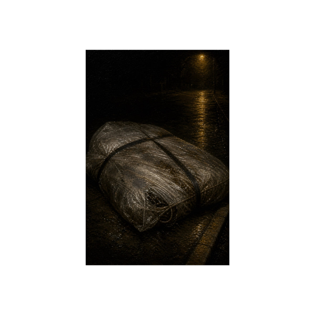 A mattress wrapped in plastic and strapped shut on a wet night street. The Municipal Shroud by Garabaggio, fine art print, 24″ x 36″.