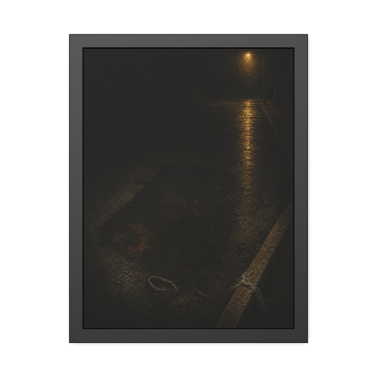 A rectangular stain on wet asphalt where something lay, under a streetlamp. The Stain After Removal by Garabaggio, framed fine art print, 18″ x 24″.