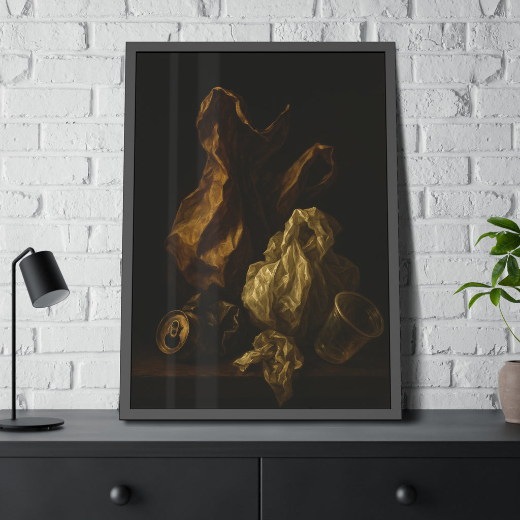 A plastic bag and crumpled paper beside a crushed can and clear cup. The Two Penitents by Garabaggio, framed fine art print hanging in a room.