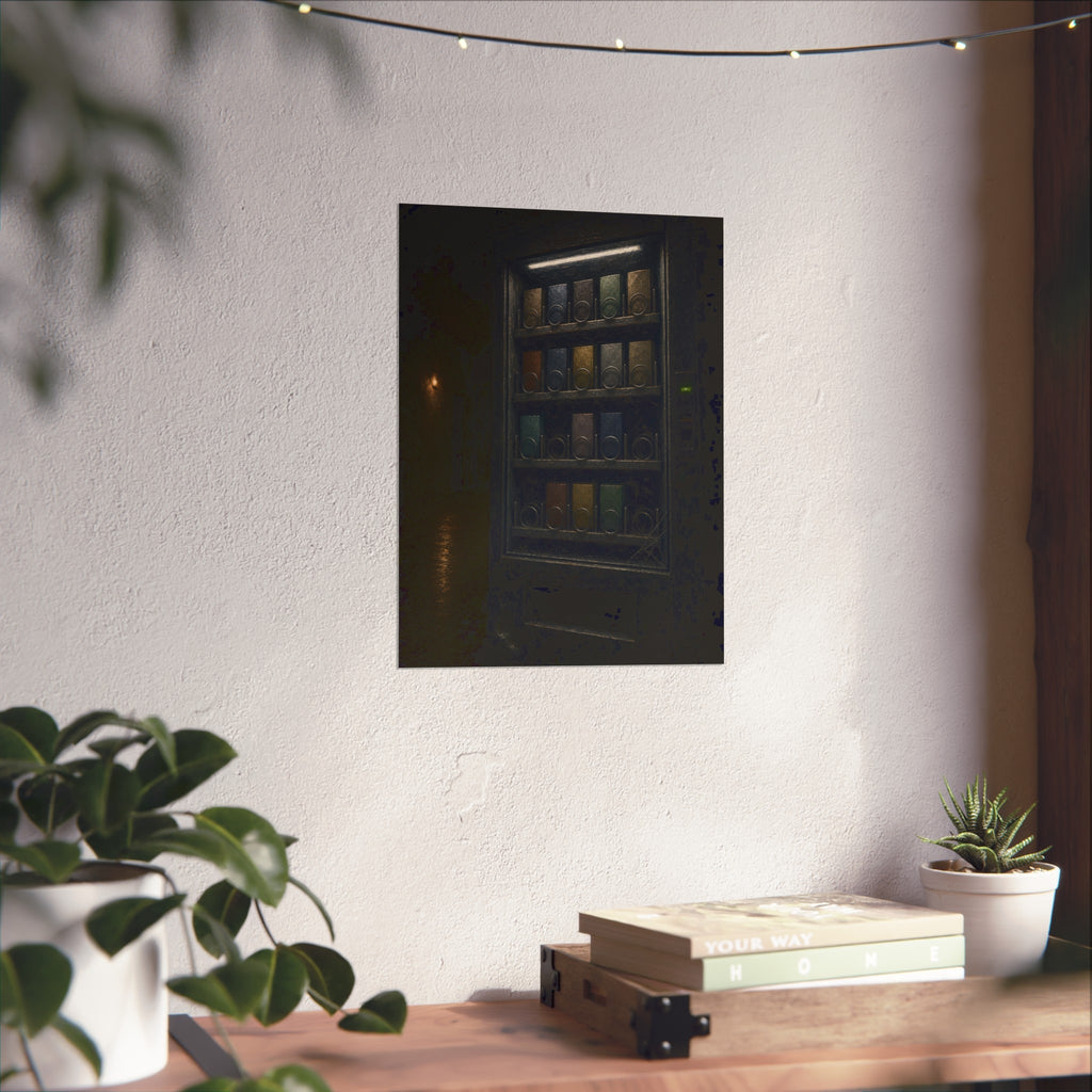 A vending machine with gaps in its rows lighting an empty hallway. The Gaps Spread by Garabaggio, fine art print hanging in a room.