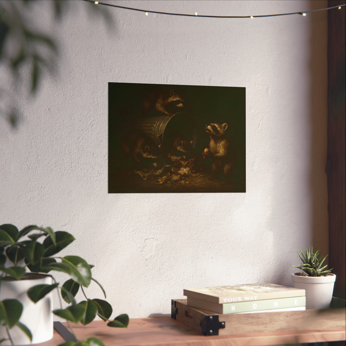 Four raccoons around a toppled metal trash can in the dark. The Last Bite by Garabaggio, fine art print hanging in a room.