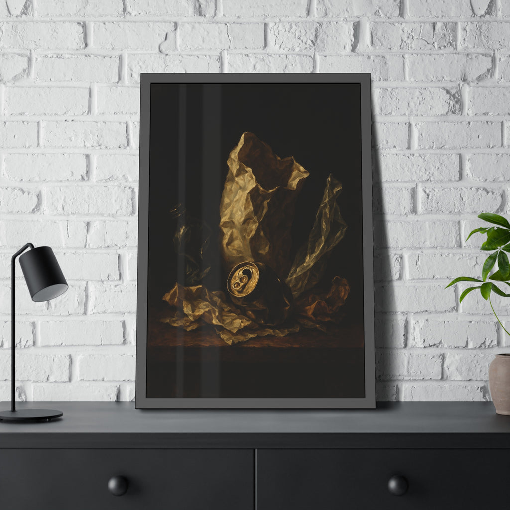 A crushed paper bag, dented can and flattened bottle on a dark table. Vanitas with Crumpled Bag by Garabaggio, framed fine art print hanging in a room.