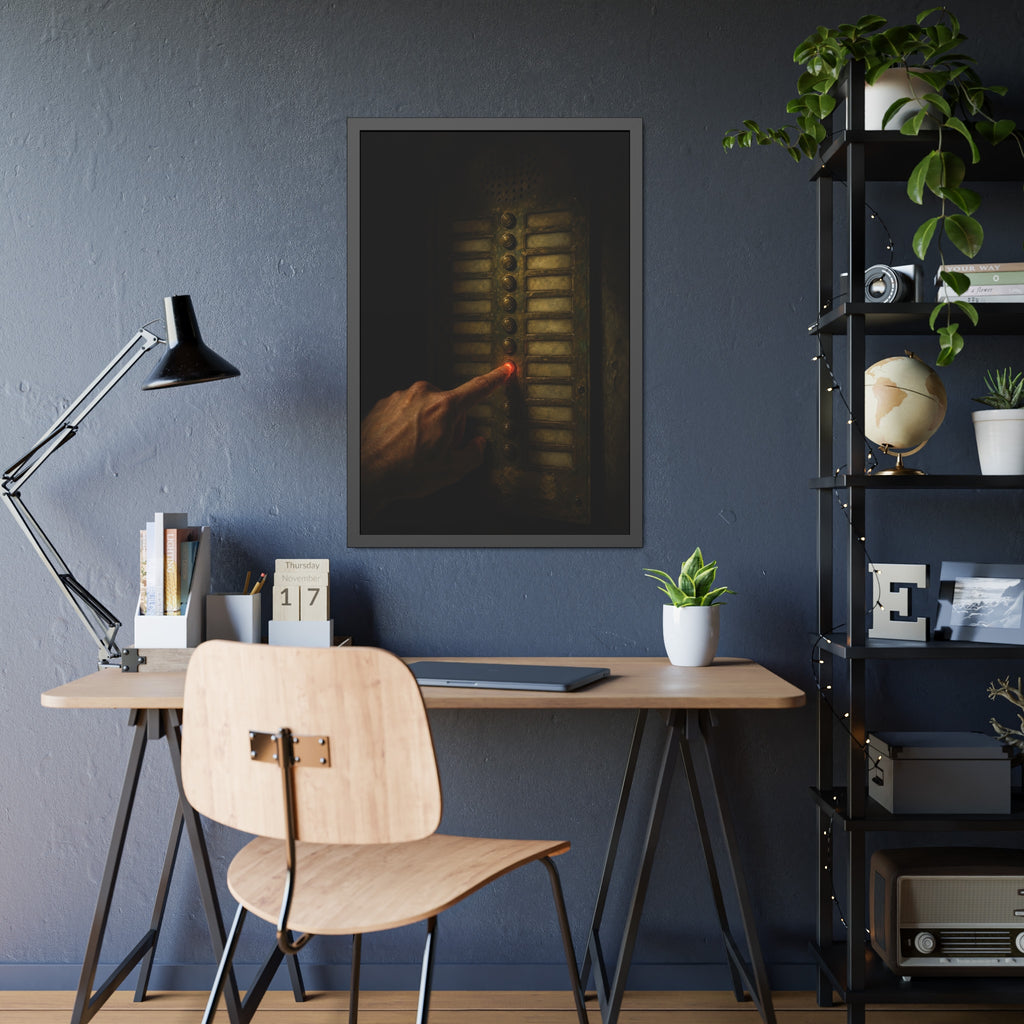 A hand pressing one glowing red button on a worn intercom panel. The Finger at Midnight by Garabaggio, framed fine art print hanging in a room.
