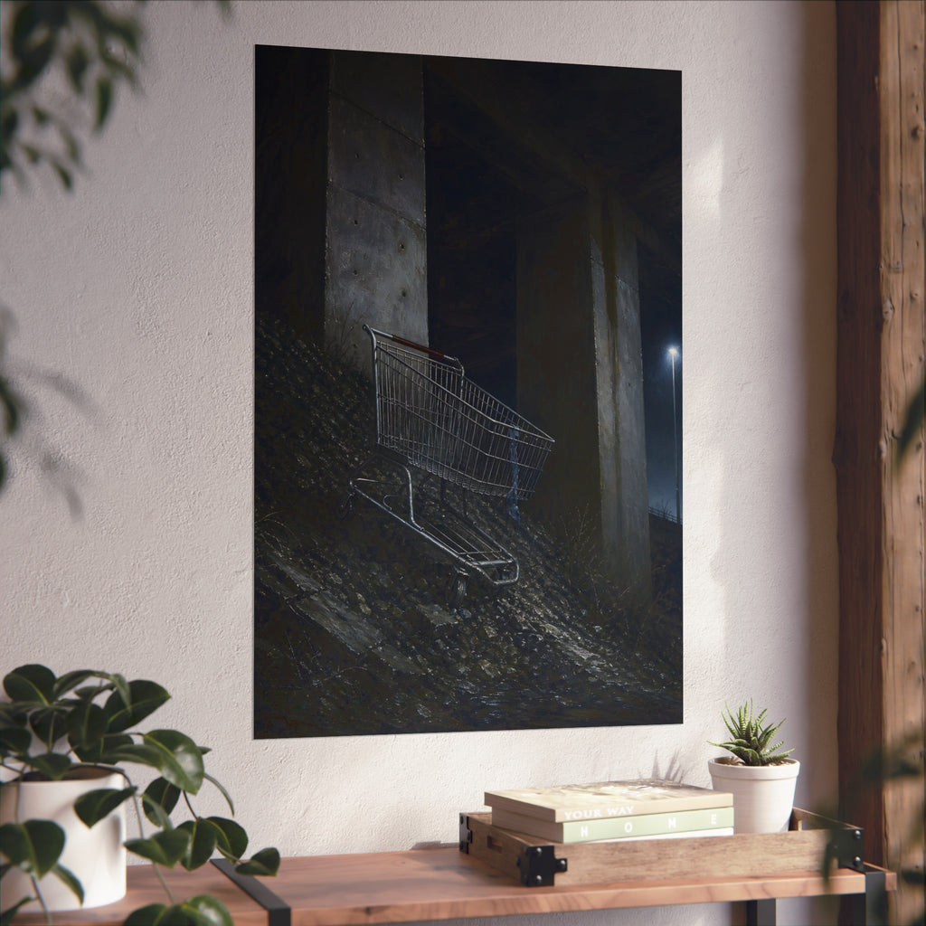 A shopping cart on a rocky slope under an overpass near a streetlamp. The Descent to the Underpass by Garabaggio, fine art print hanging in a room.