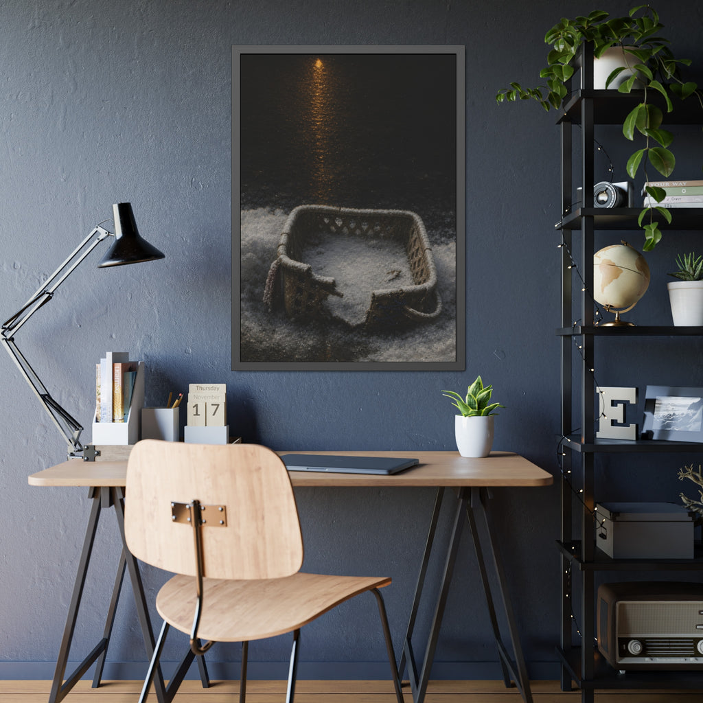 A cracked laundry basket half buried in snow under a distant lamp. The First Snow by Garabaggio, framed fine art print hanging in a room.