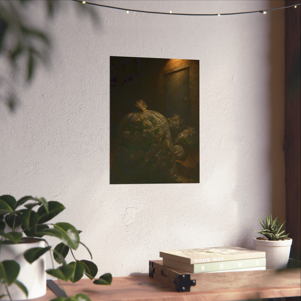 Clear bags of empty bottles piled by a padlocked door under a wall lamp. The Gathering of Empties by Garabaggio, fine art print hanging in a room.