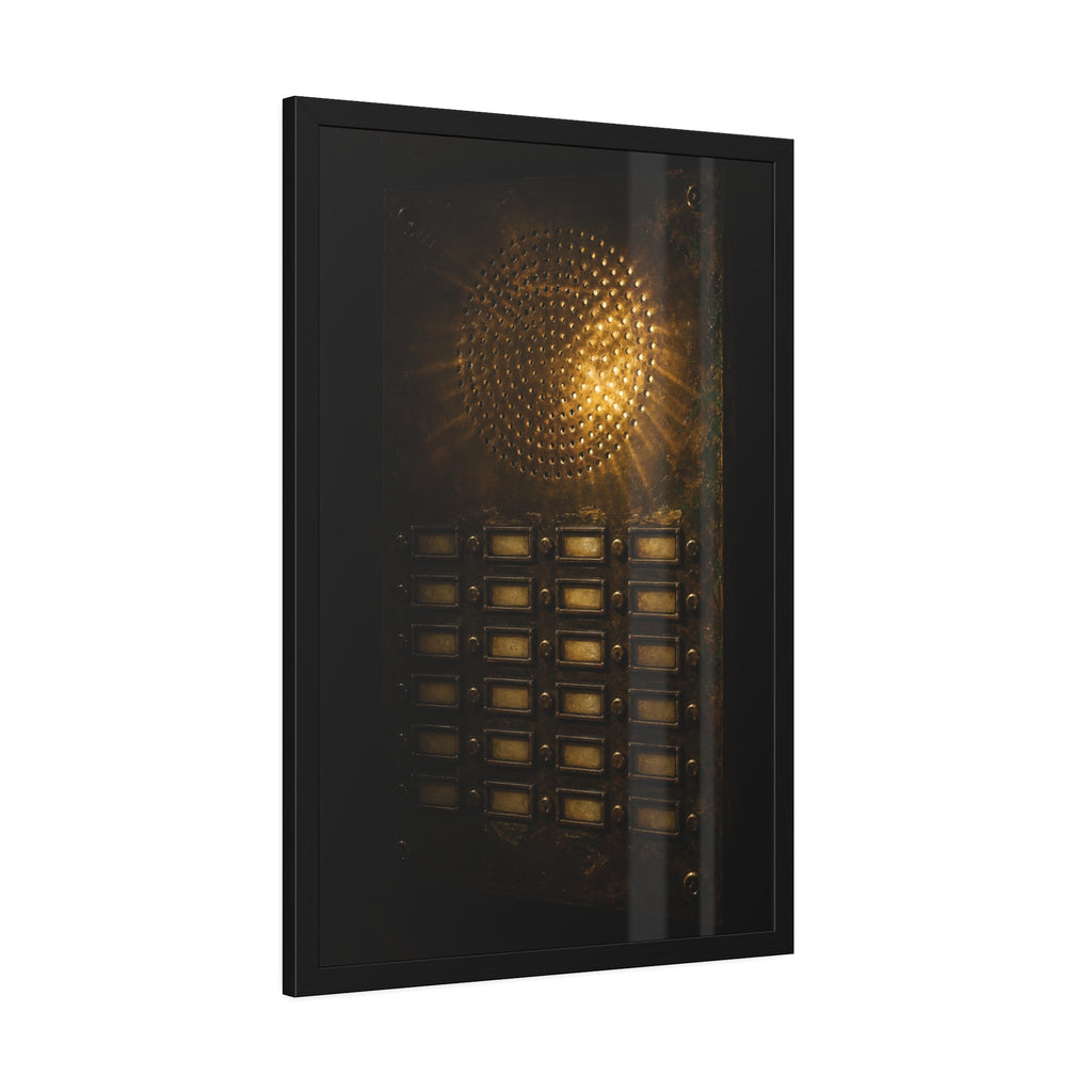 Light glowing through an intercom speaker grille above rows of buttons. Voice Through Perforations by Garabaggio, framed fine art print hanging in a room.