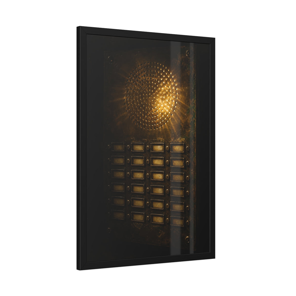 Light glowing through an intercom speaker grille above rows of buttons. Voice Through Perforations by Garabaggio, framed fine art print hanging in a room.
