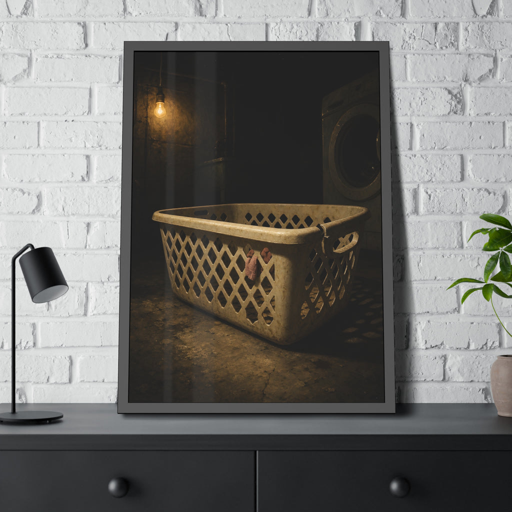 A plastic laundry basket on a basement floor under a bare hanging bulb. The First Split by Garabaggio, framed fine art print hanging in a room.