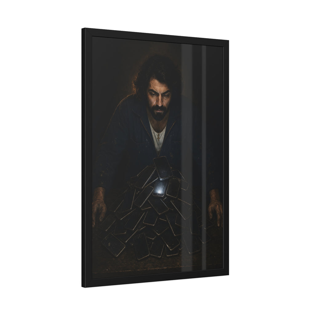 A bearded man leaning over a pile of dark phones, one screen lit. The Last Notification by Garabaggio, framed fine art print hanging in a room.