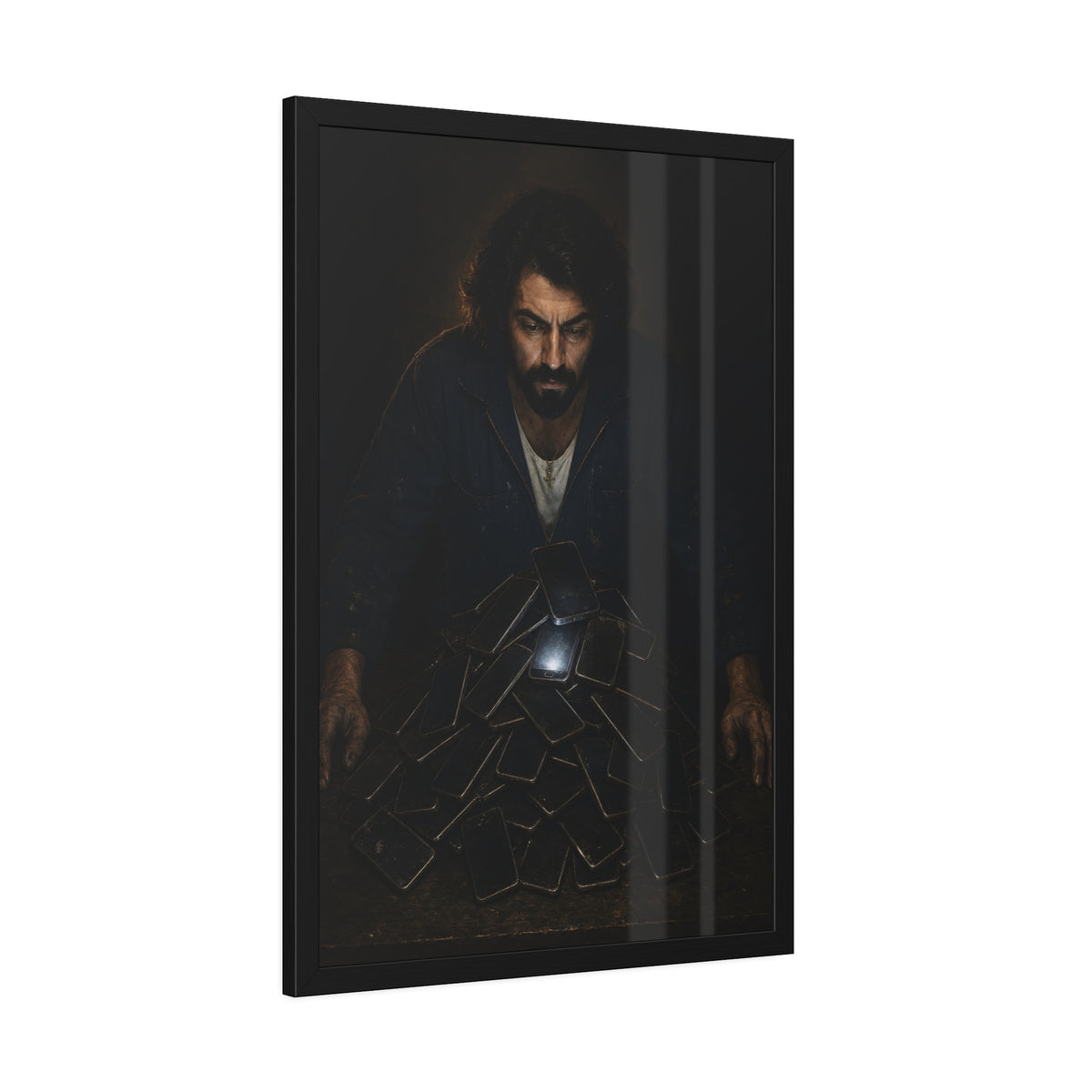 A bearded man leaning over a pile of dark phones, one screen lit. The Last Notification by Garabaggio, framed fine art print hanging in a room.