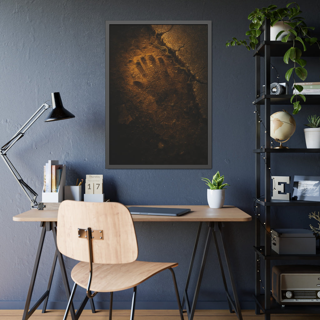 A glove shaped imprint left in cracked asphalt under warm light. The Assumption, or: What Remains by Garabaggio, framed fine art print hanging in a room.