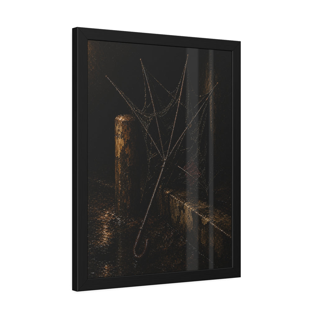 A broken umbrella with torn fabric leaning against a post on a wet curb. The Crown of Ribs by Garabaggio, framed fine art print hanging in a room.
