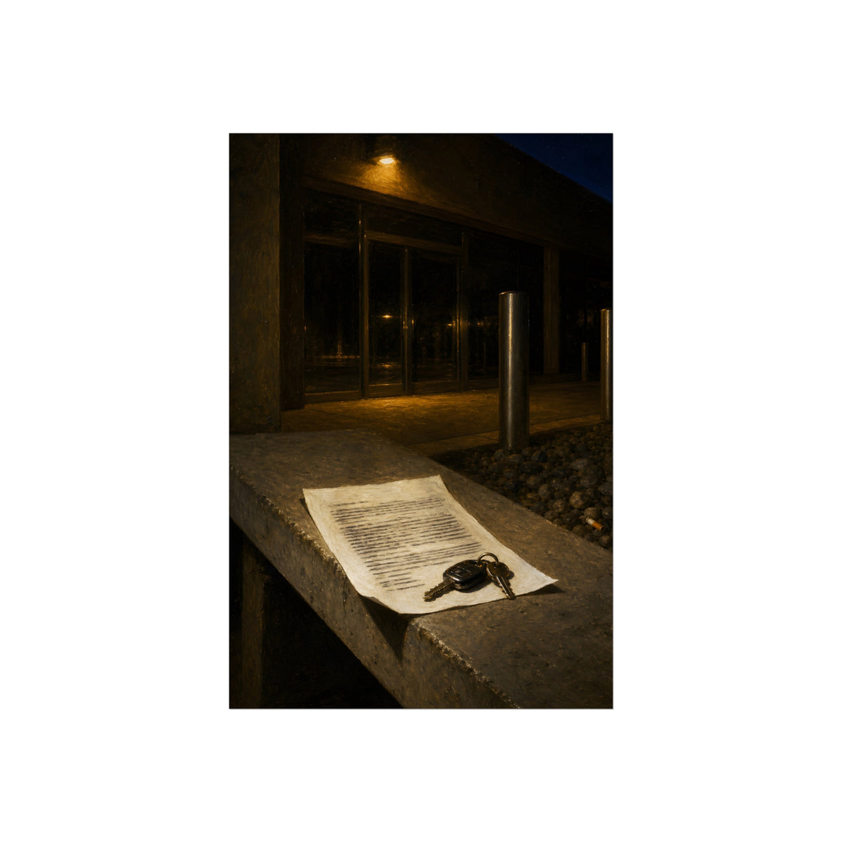 A printed page and car keys on a concrete ledge outside an office at night. The Last Email, Printed by Garabaggio, fine art print, 24″ x 36″.