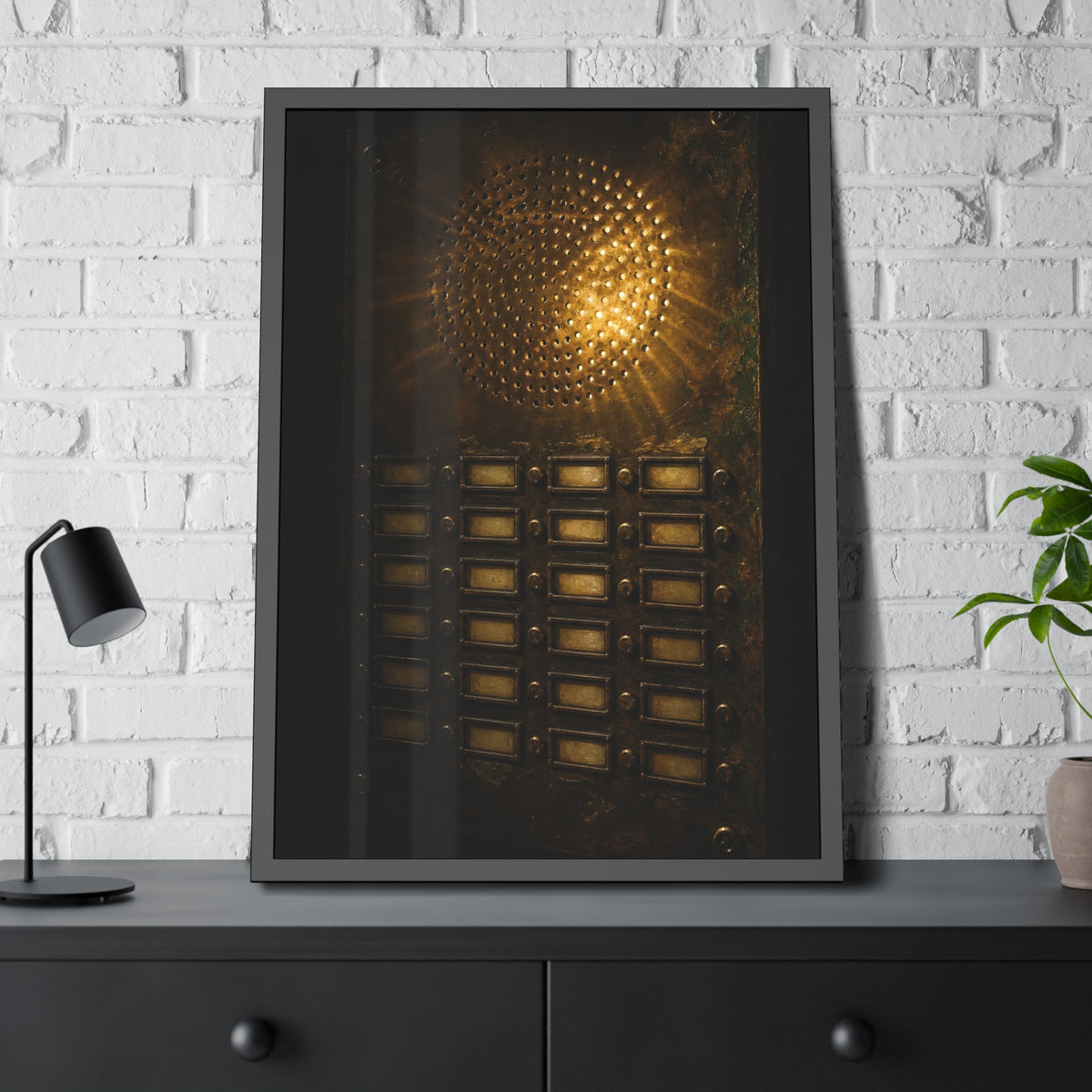 Light glowing through an intercom speaker grille above rows of buttons. Voice Through Perforations by Garabaggio, framed fine art print hanging in a room.