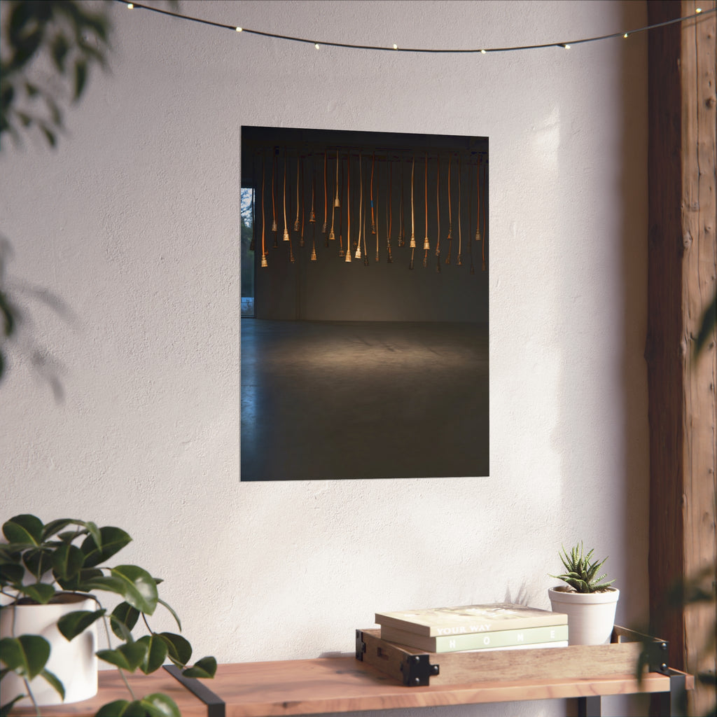 Extension cords hanging plug down from a ceiling in a dim room. All Ends, No Source by Garabaggio, fine art print hanging in a room.