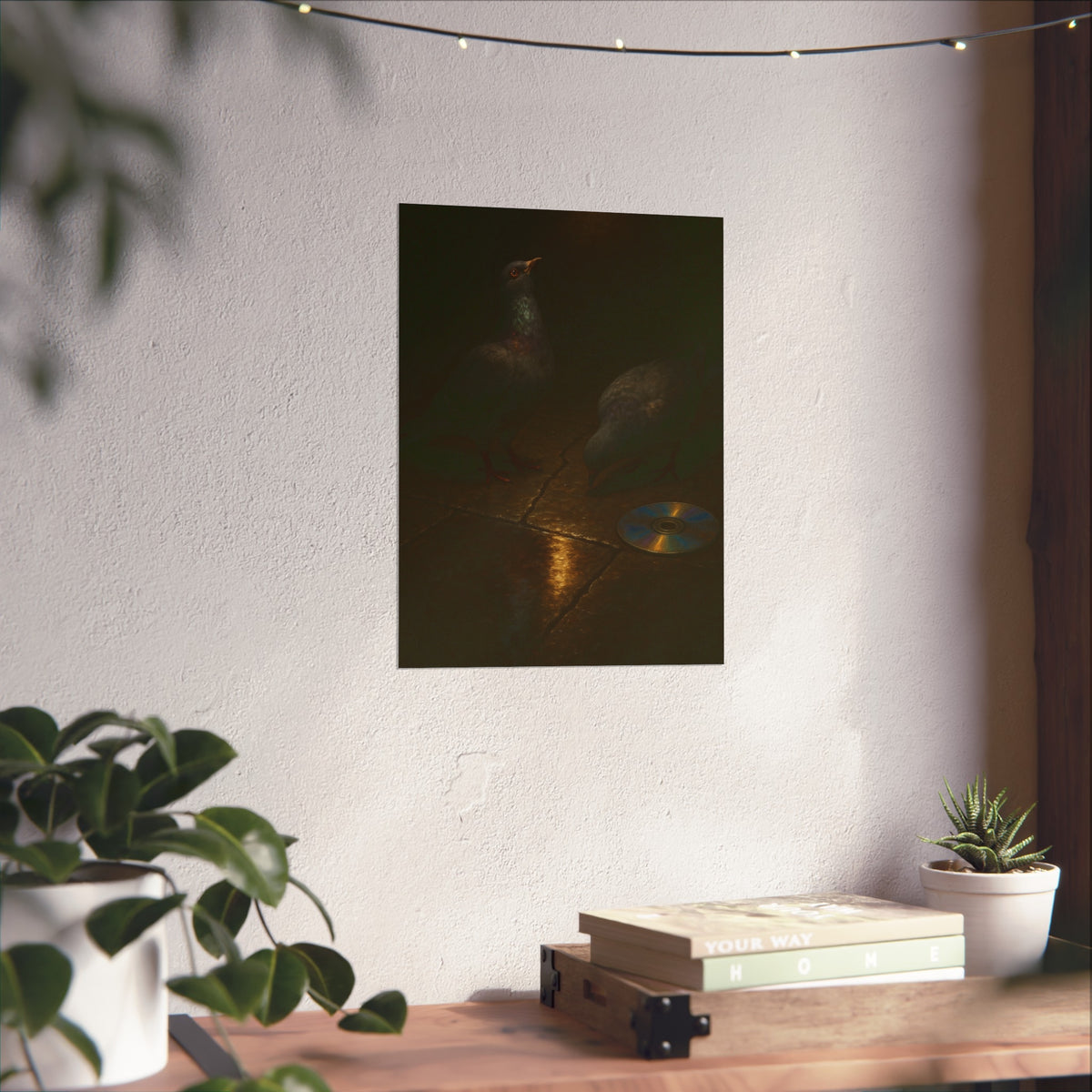 Two pigeons on wet paving stones beside a disc catching the lamplight. The Vigil on Wet Pavement by Garabaggio, fine art print hanging in a room.