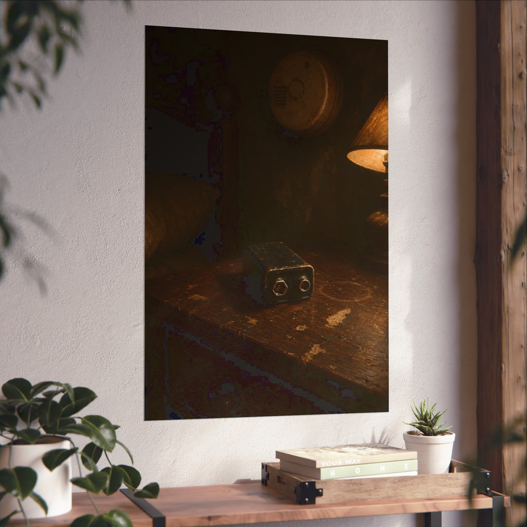 A nine volt battery on a nightstand below a wall smoke detector. The Battery Laid Below by Garabaggio, fine art print hanging in a room.