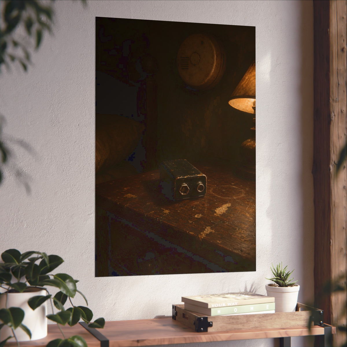 A nine volt battery on a nightstand below a wall smoke detector. The Battery Laid Below by Garabaggio, fine art print hanging in a room.