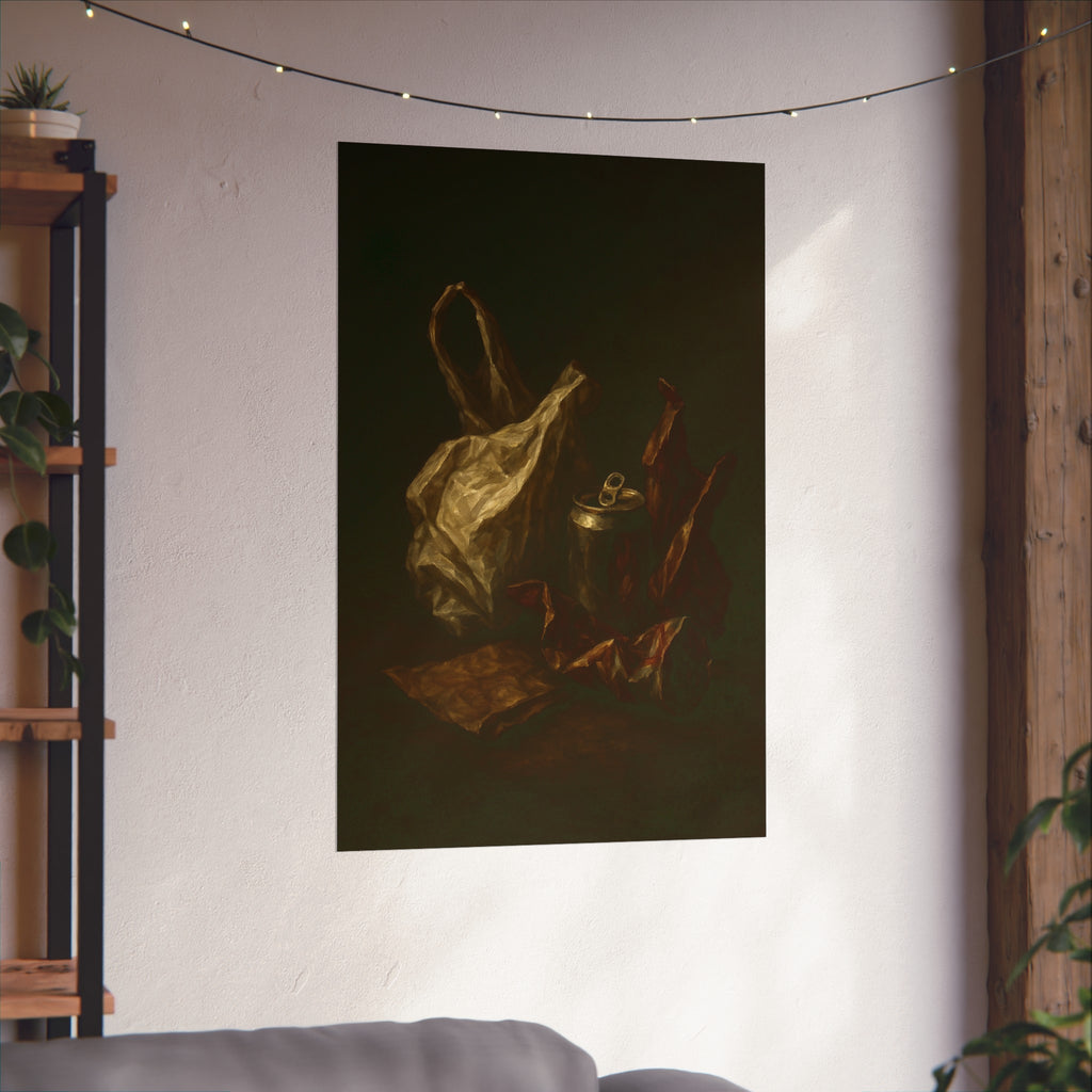 A crumpled plastic bag, crushed can and foil wrappers on a dark table. The Pietà of the Deflated by Garabaggio, fine art print hanging in a room.