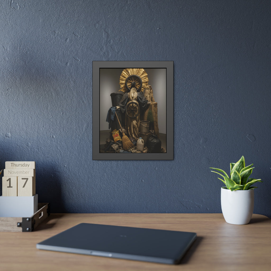 A draped figure with cart wheels above heaped trash. The Martyrdom of Saint Catherine of the Cartwheel by Garabaggio, framed fine art print hanging in a room.