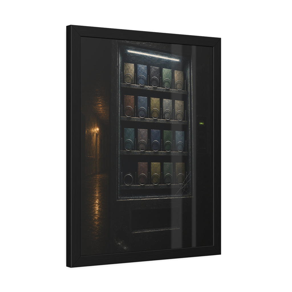 Rows of coils behind the lit glass of a vending machine in a dark hall. The First Empty Spiral by Garabaggio, framed fine art print hanging in a room.