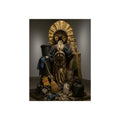 A draped figure with cart wheels above heaped trash. The Martyrdom of Saint Catherine of the Cartwheel by Garabaggio, fine art print, 12″ x 16″.