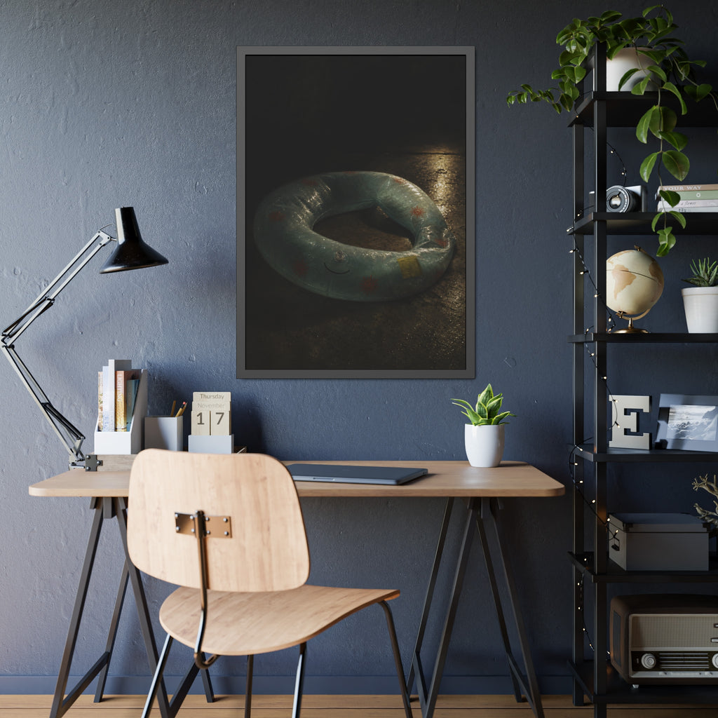 Deflated pool float ring on wet ground, lit from one side in the dark. After the Last Swim by Garabaggio, framed fine art print hanging in a room.