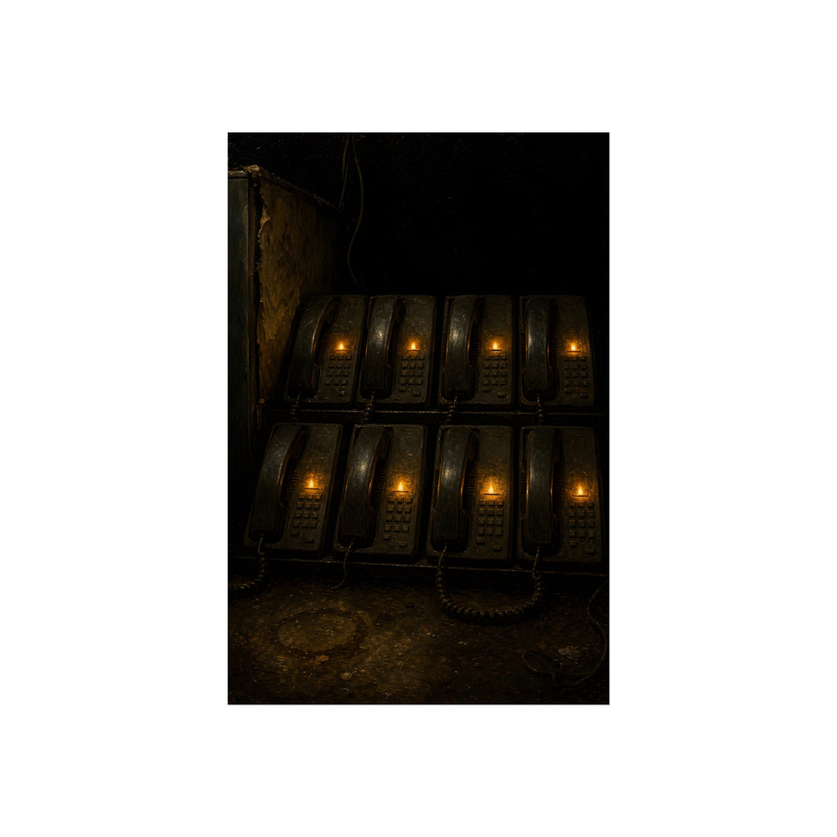 Rows of wall phones, each keypad lit by a small amber flame. The Votive Lights of the Hold Queue by Garabaggio, fine art print, 24″ x 36″.