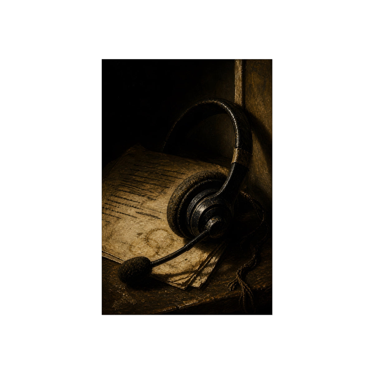 A worn headset resting on a printed script page with coffee rings. The Script Beside the Mouthpiece by Garabaggio, fine art print, 24″ x 36″.