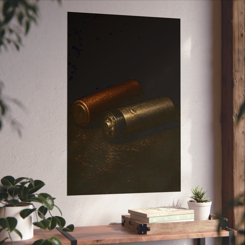 Two spent batteries lying side by side, one rusted, one bare metal. The Second Voice by Garabaggio, fine art print hanging in a room.