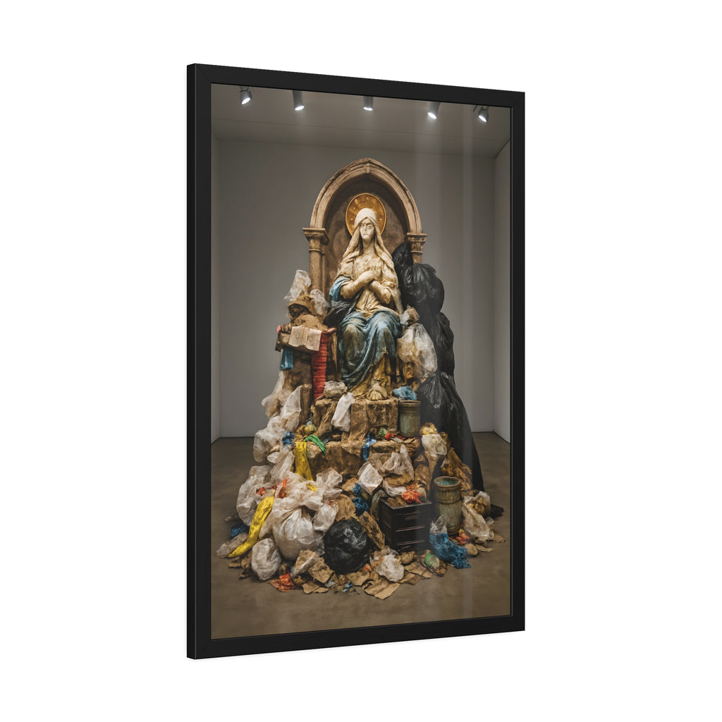 A robed statue on a mound of garbage bags in a gallery. The Immaculate Collection by Garabaggio, framed fine art print hanging in a room.