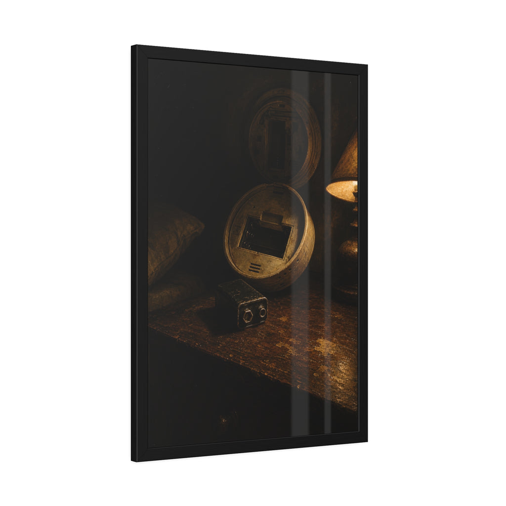 An open smoke detector on a wooden table beside a removed nine volt battery. The Silence After Removal by Garabaggio, framed fine art print hanging in a room.