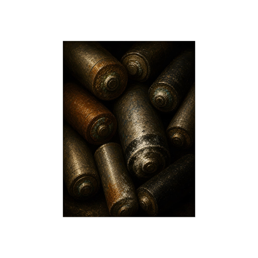 Heap of corroded batteries filling the frame in dim raking light. Chorus of Corrosion by Garabaggio, fine art print, 12″ x 16″.