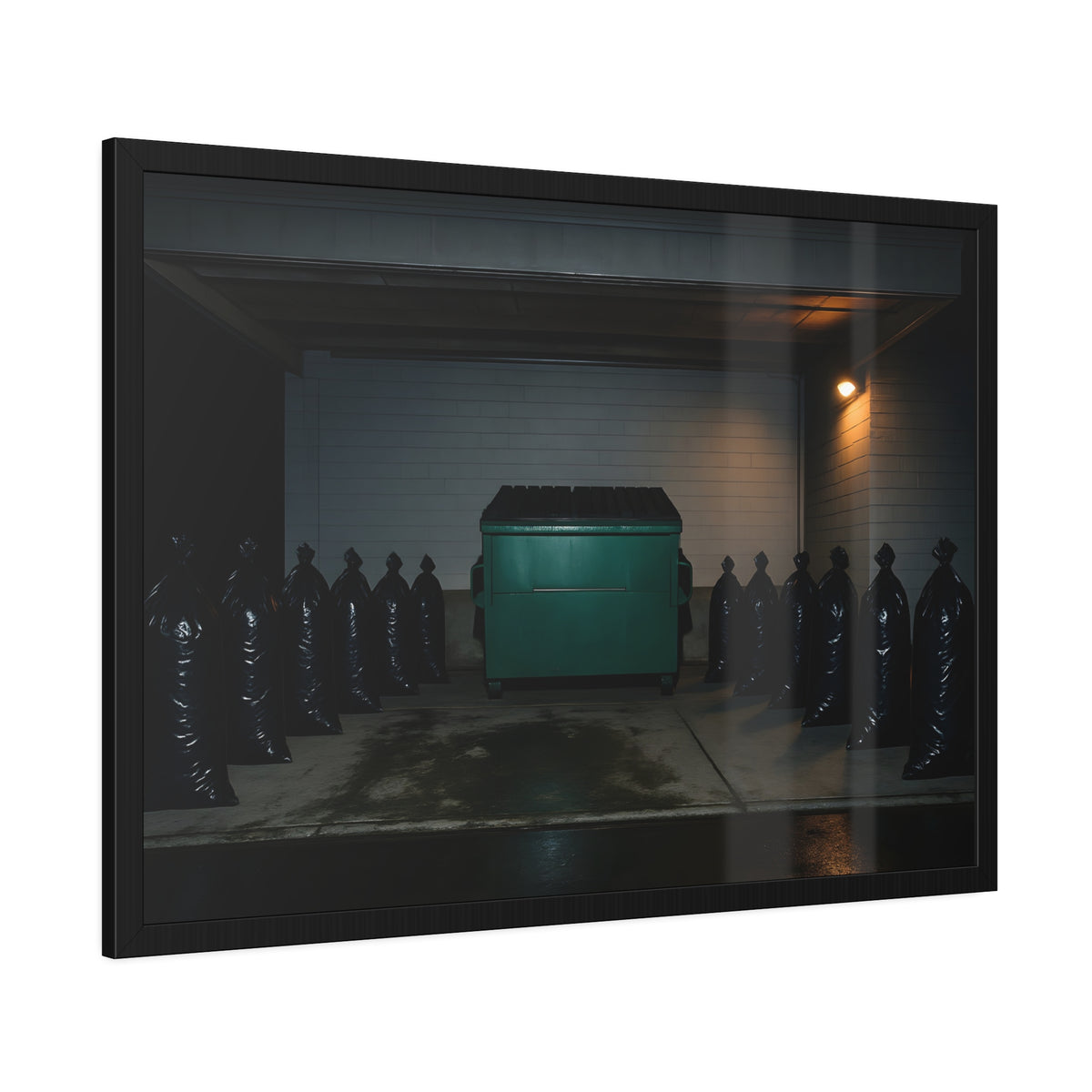 A green dumpster flanked by rows of black garbage bags under a lamp. Night Watch of the Loading Dock by Garabaggio, framed fine art print hanging in a room.