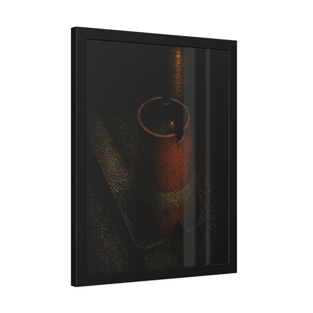 An upturned traffic cone holding rainwater at a wet curb under a lamp. The Cup of Rain by Garabaggio, framed fine art print hanging in a room.
