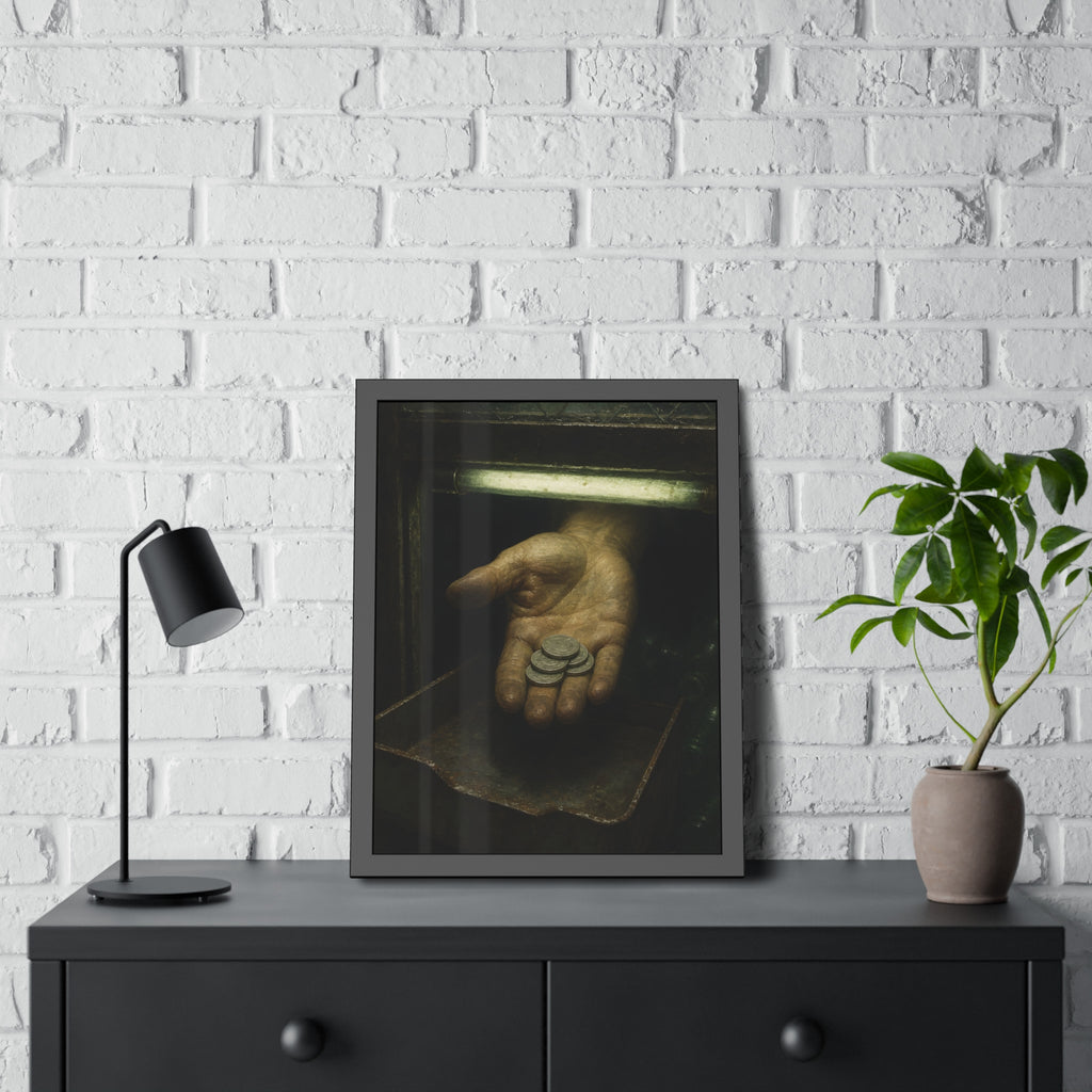 An open palm holding coins over a metal tray under a fluorescent tube. The Nickel Rendered by Garabaggio, framed fine art print hanging in a room.