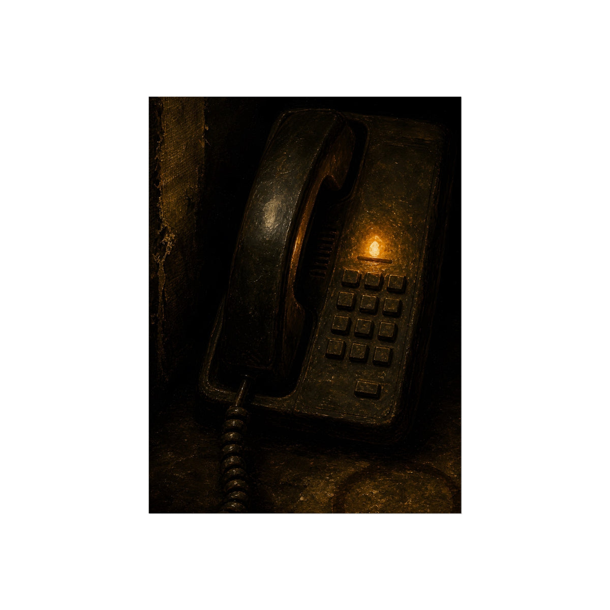 An old desk phone in the dark with one amber line light glowing. The First Ring by Garabaggio, fine art print, 18″ x 24″.