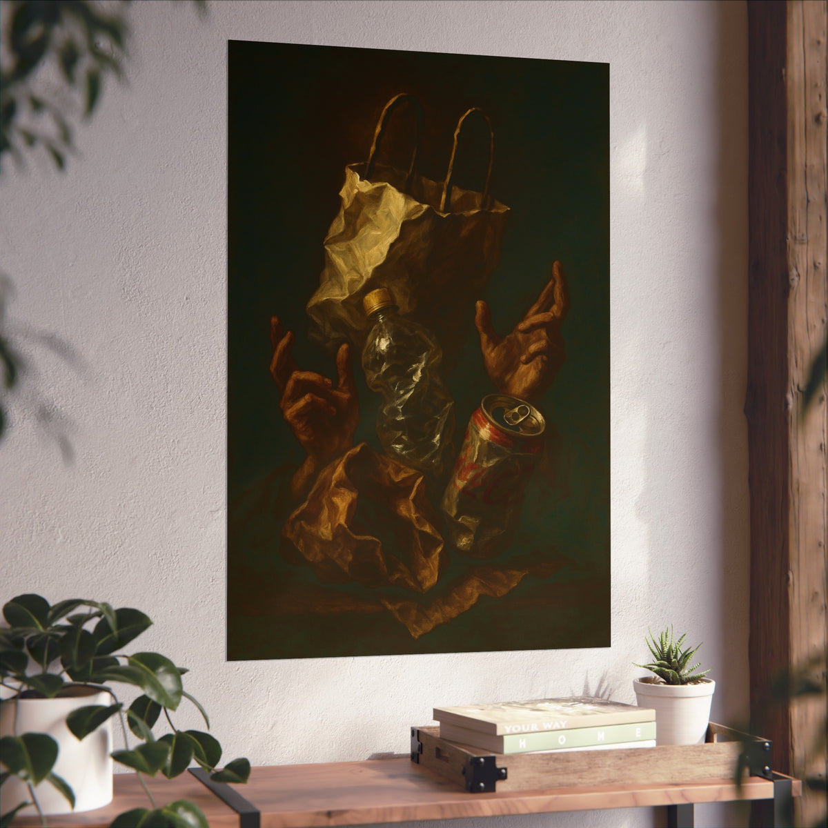 Two hands raised beside a paper bag, crushed bottle and dented can. The Assumption of the Discarded by Garabaggio, fine art print hanging in a room.