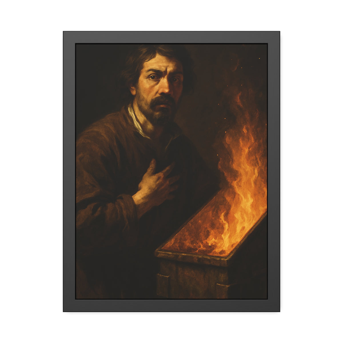 Man with a hand on his chest as flames run the length of a dumpster. Self-Portrait in the Final Hour by Garabaggio, framed fine art print hanging in a room.