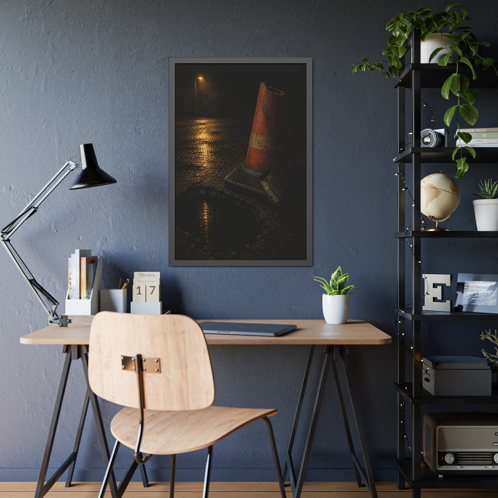 A traffic cone beside a water filled pothole reflecting a street lamp. The Sentinel of the Pothole by Garabaggio, framed fine art print hanging in a room.