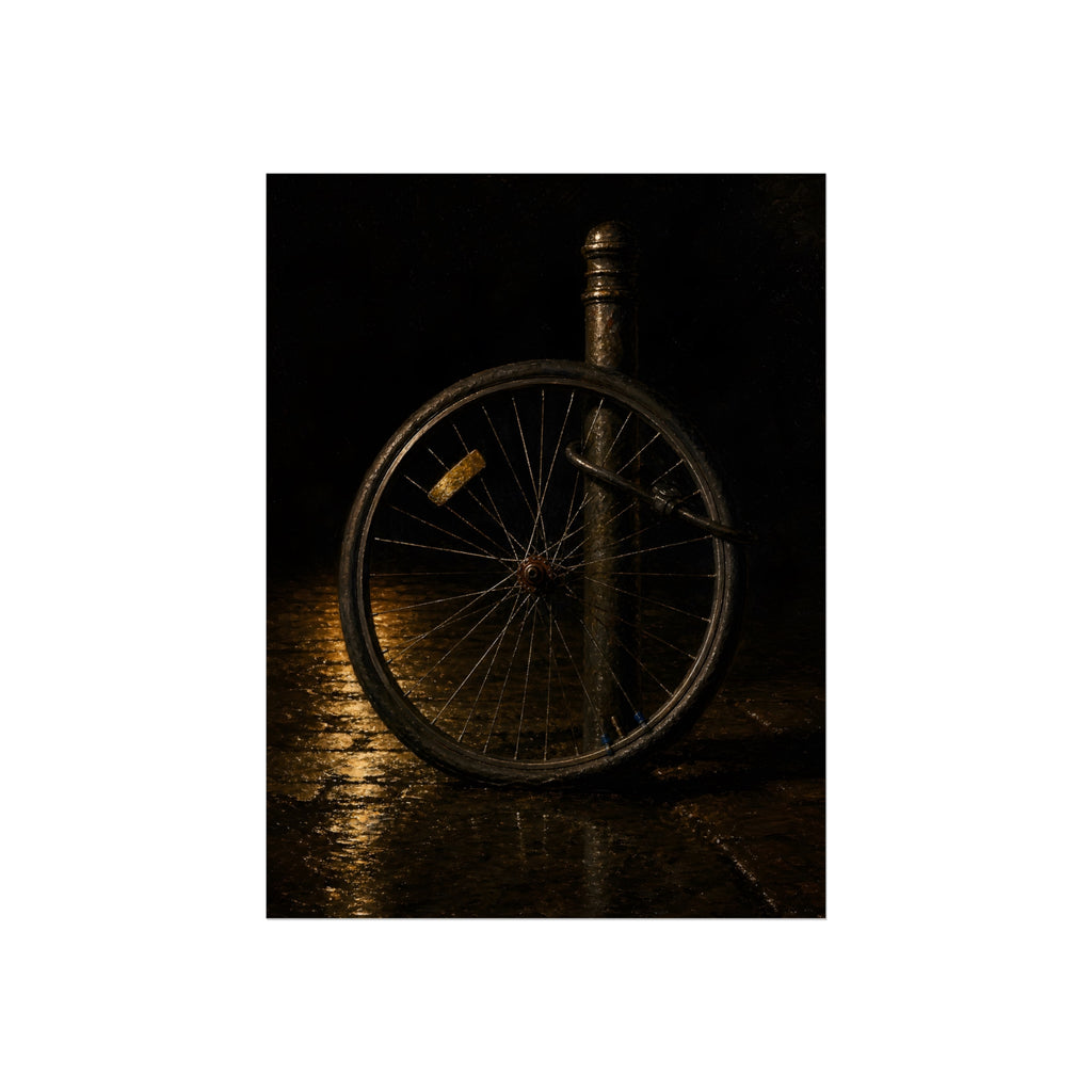 A bare bicycle wheel locked to a post on wet pavement. The Wheel Without a Bicycle by Garabaggio, fine art print, 12″ x 16″.