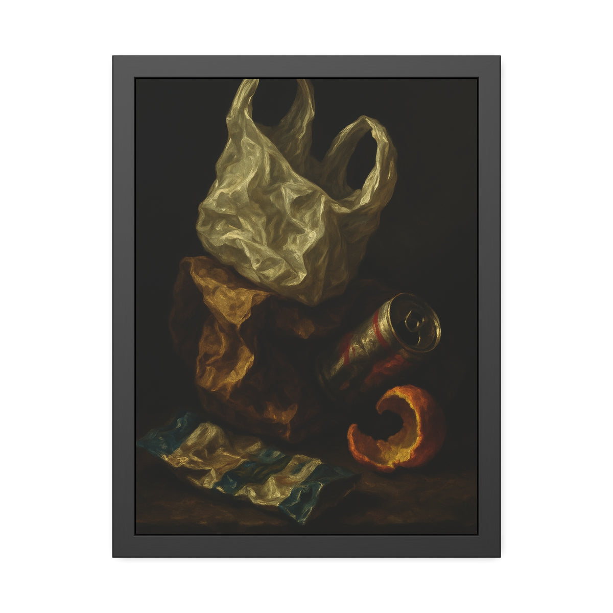 A plastic bag, crushed can and orange peel on a dim table. Still Life with Orange Peel and Resignation by Garabaggio, framed fine art print hanging in a room.