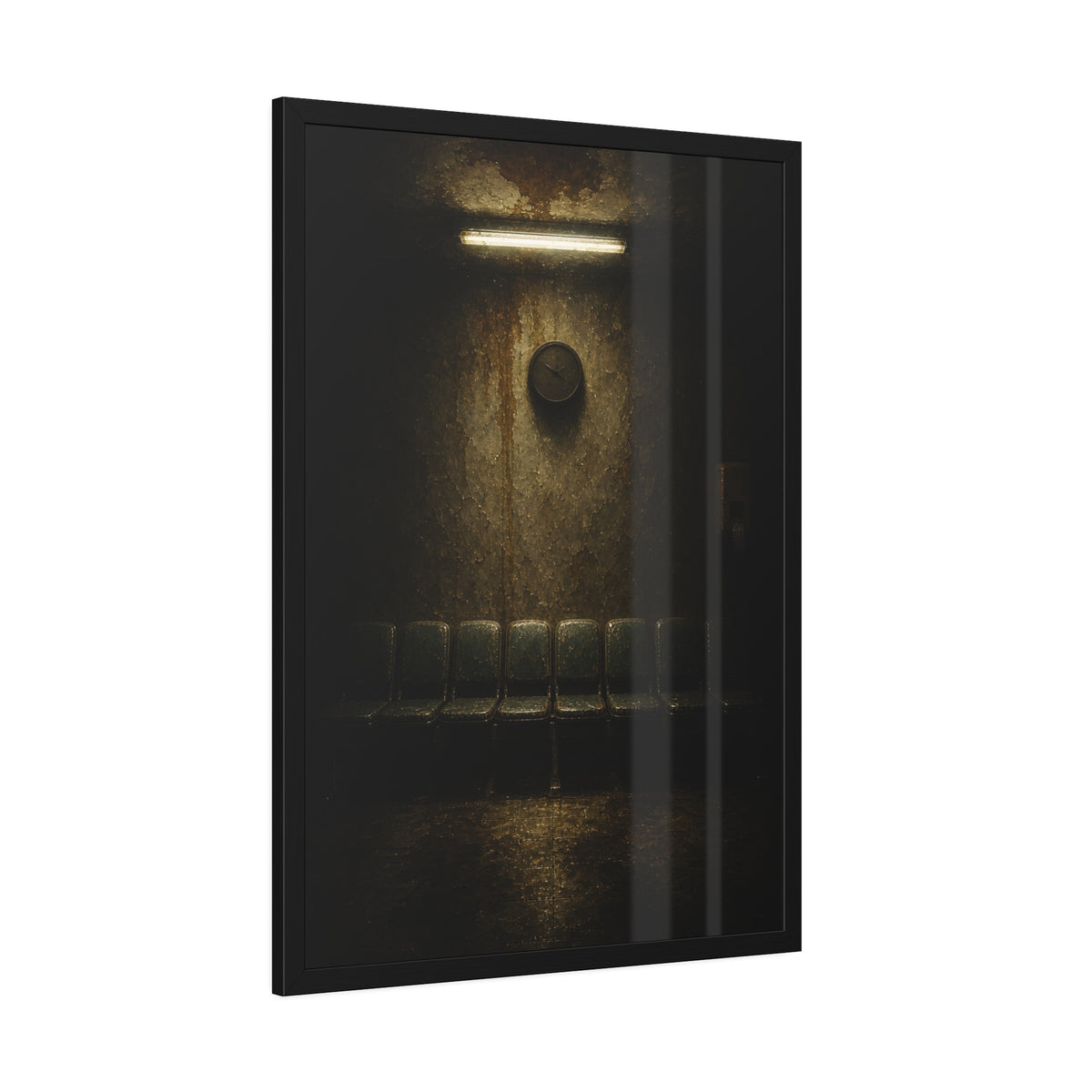Empty waiting room seats below a stained wall clock and a strip light. Afternoon Without Movement by Garabaggio, framed fine art print hanging in a room.