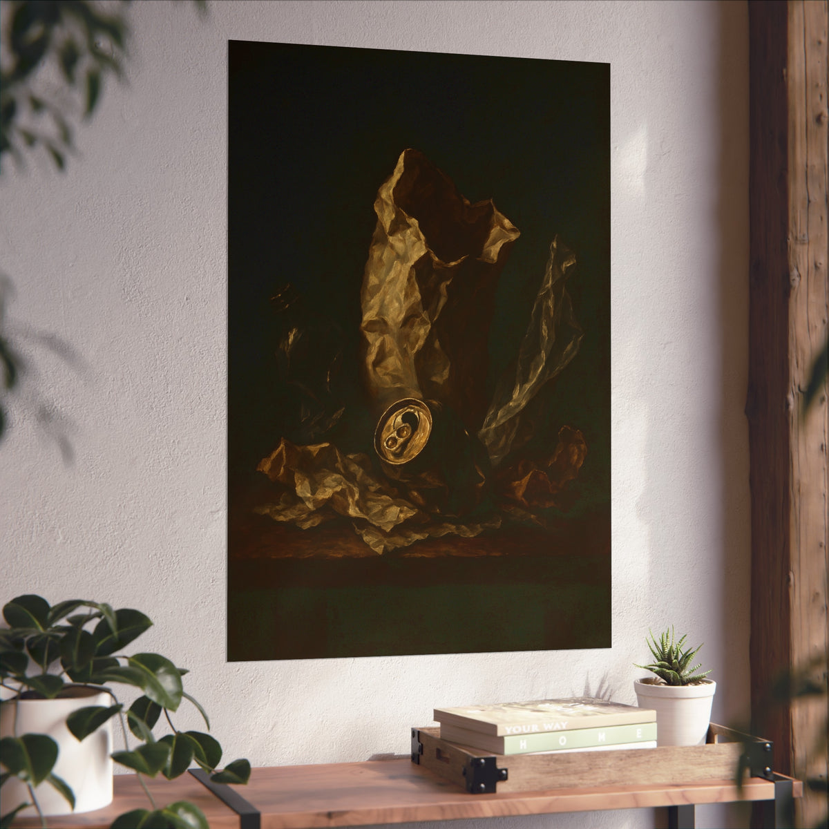 A crushed paper bag, dented can and flattened bottle on a dark table. Vanitas with Crumpled Bag by Garabaggio, fine art print hanging in a room.