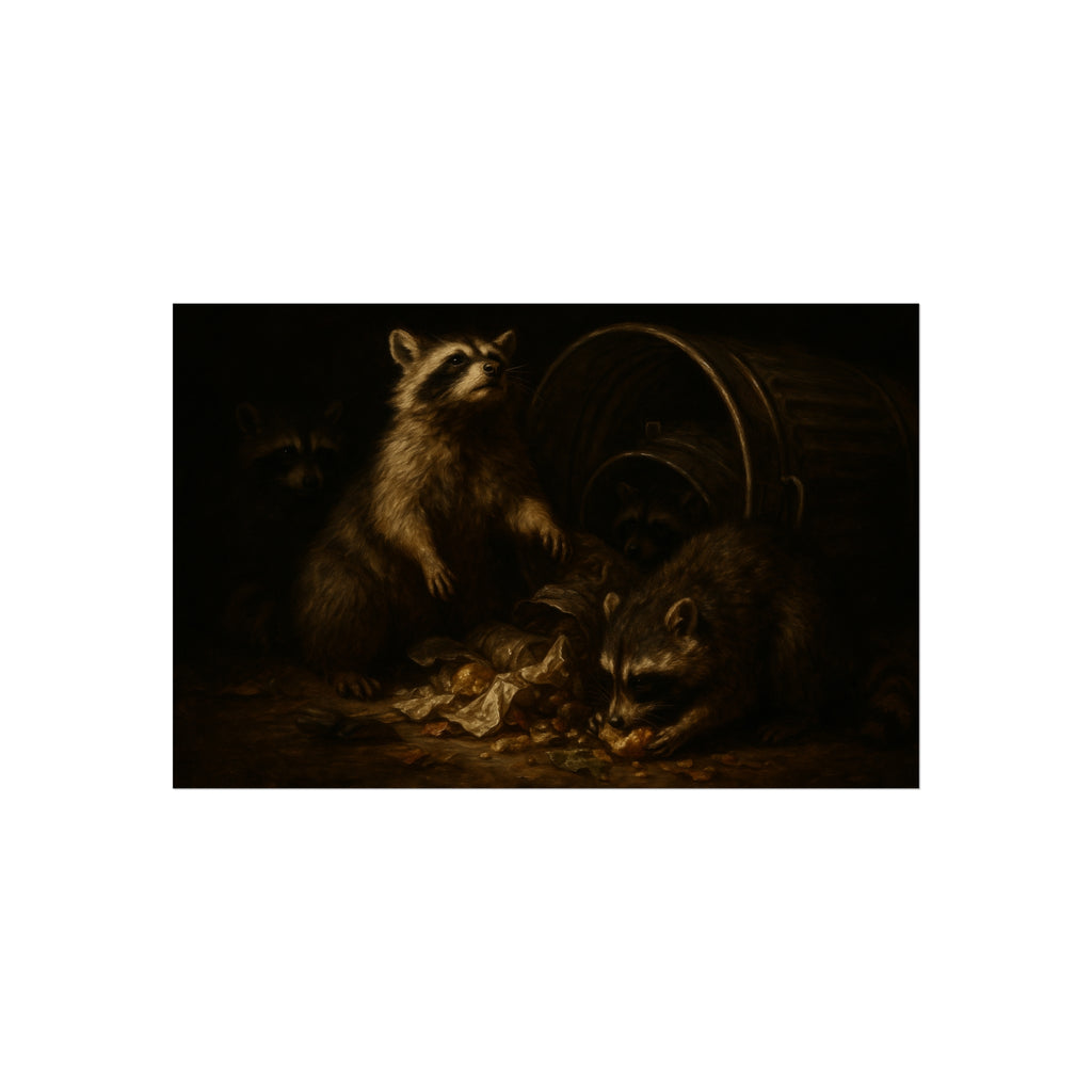 Raccoons feeding on scraps around a tipped metal trash can in the dark. The Calling of St. Trash by Garabaggio, fine art print hanging in a room.